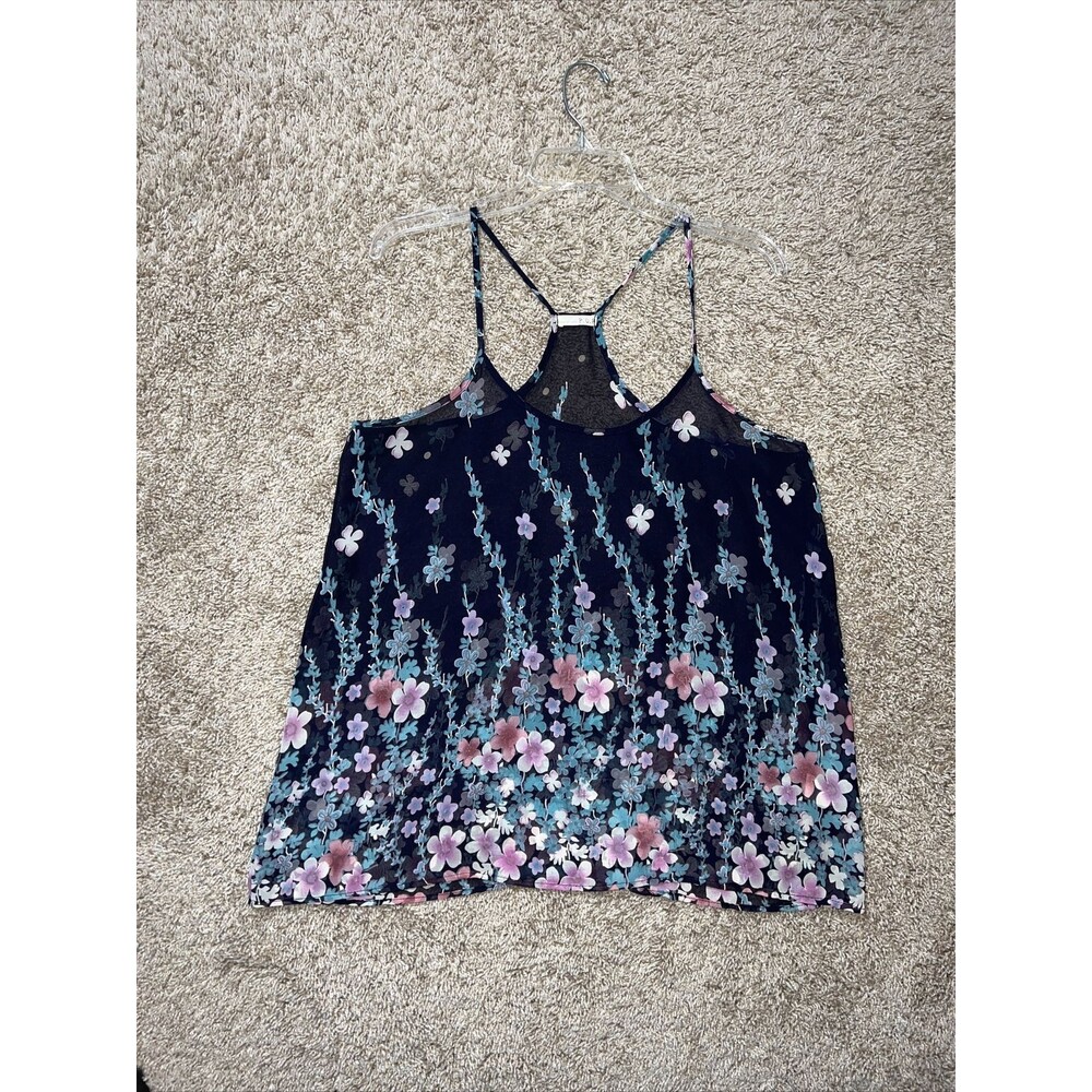 P.O.P Womens Floral Tank Top Multicolor Sheer Cami Spaghetti Strap Sz M